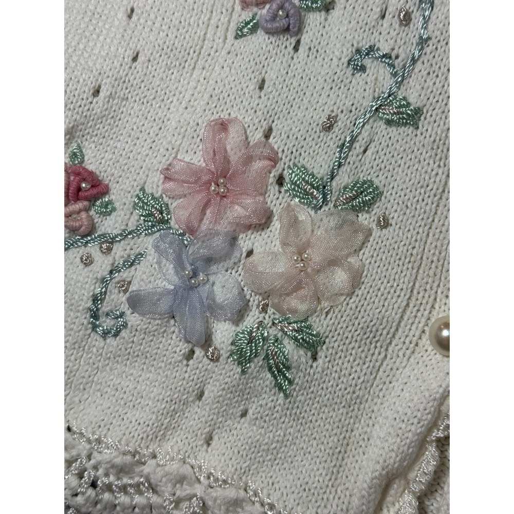Vintage Koret Cardigan Sweater Womens S Cream Floral Embroidered Scalloped Knit‎ - Picture 13 of 14